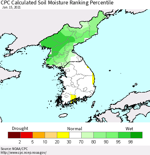 Korea CPC Calculated Soil Moisture Ranking Percentile Thematic Map For 1/11/2021 - 1/15/2021