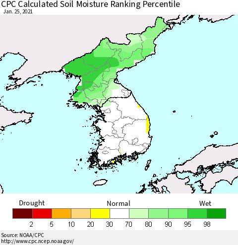 Korea CPC Calculated Soil Moisture Ranking Percentile Thematic Map For 1/21/2021 - 1/25/2021