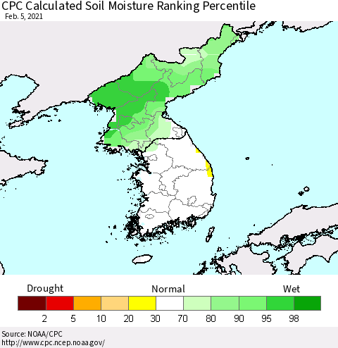 Korea CPC Calculated Soil Moisture Ranking Percentile Thematic Map For 2/1/2021 - 2/5/2021