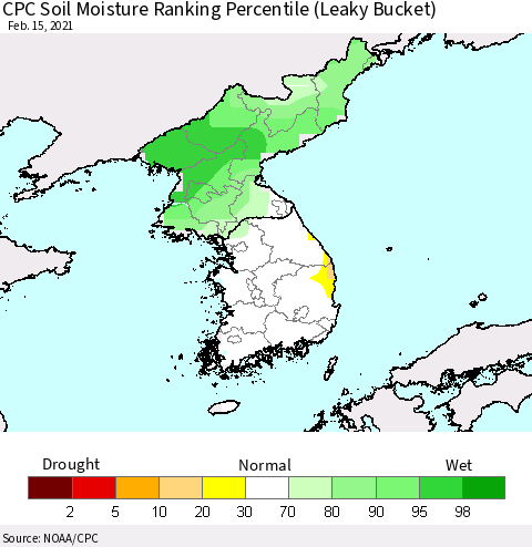Korea CPC Soil Moisture Ranking Percentile (Leaky Bucket) Thematic Map For 2/11/2021 - 2/15/2021
