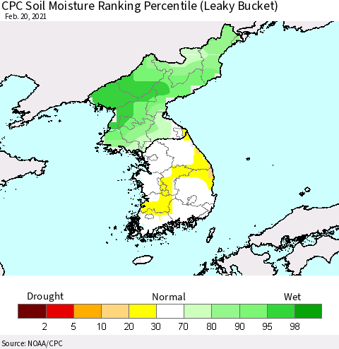 Korea CPC Calculated Soil Moisture Ranking Percentile Thematic Map For 2/16/2021 - 2/20/2021