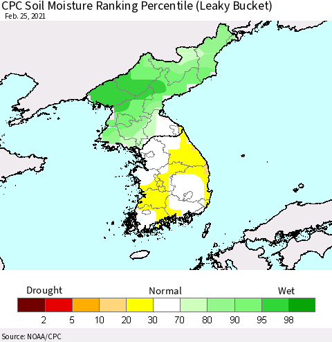Korea CPC Calculated Soil Moisture Ranking Percentile Thematic Map For 2/21/2021 - 2/25/2021