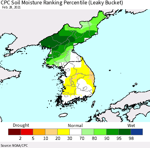 Korea CPC Soil Moisture Ranking Percentile (Leaky Bucket) Thematic Map For 2/26/2021 - 2/28/2021