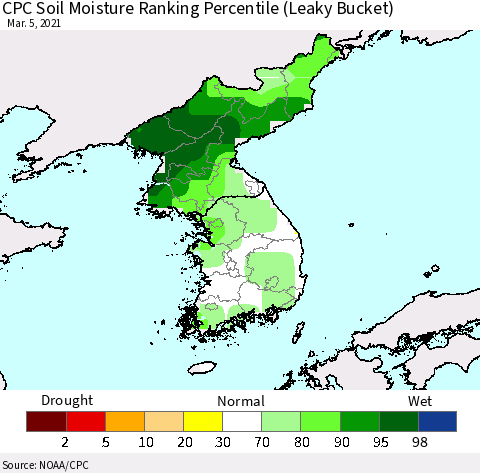 Korea CPC Calculated Soil Moisture Ranking Percentile Thematic Map For 3/1/2021 - 3/5/2021
