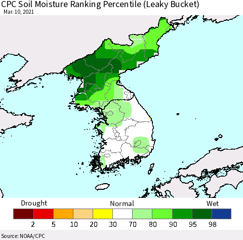 Korea CPC Calculated Soil Moisture Ranking Percentile Thematic Map For 3/6/2021 - 3/10/2021
