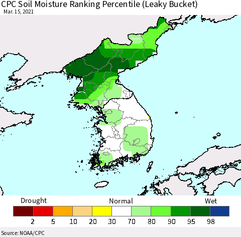 Korea CPC Calculated Soil Moisture Ranking Percentile Thematic Map For 3/11/2021 - 3/15/2021