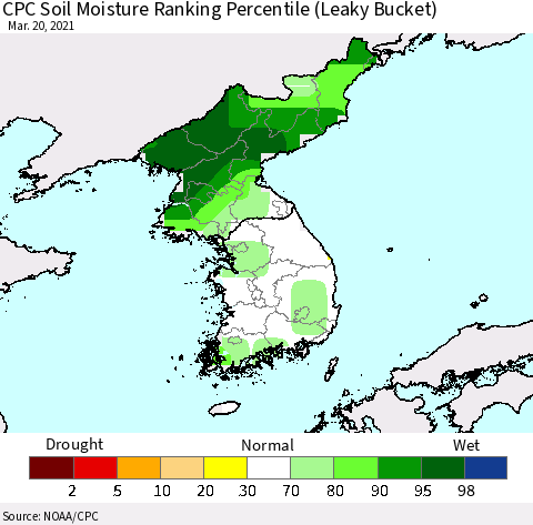 Korea CPC Calculated Soil Moisture Ranking Percentile Thematic Map For 3/16/2021 - 3/20/2021