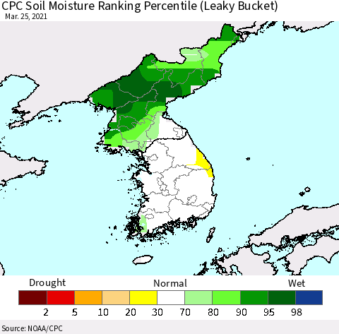 Korea CPC Calculated Soil Moisture Ranking Percentile Thematic Map For 3/21/2021 - 3/25/2021