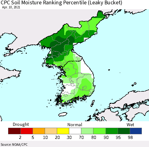 Korea CPC Calculated Soil Moisture Ranking Percentile Thematic Map For 4/6/2021 - 4/10/2021