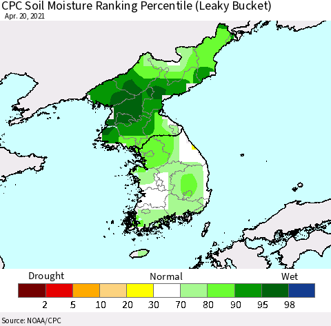 Korea CPC Calculated Soil Moisture Ranking Percentile Thematic Map For 4/16/2021 - 4/20/2021