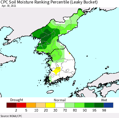 Korea CPC Soil Moisture Ranking Percentile (Leaky Bucket) Thematic Map For 4/26/2021 - 4/30/2021