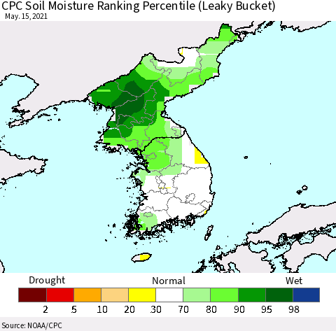Korea CPC Soil Moisture Ranking Percentile (Leaky Bucket) Thematic Map For 5/11/2021 - 5/15/2021