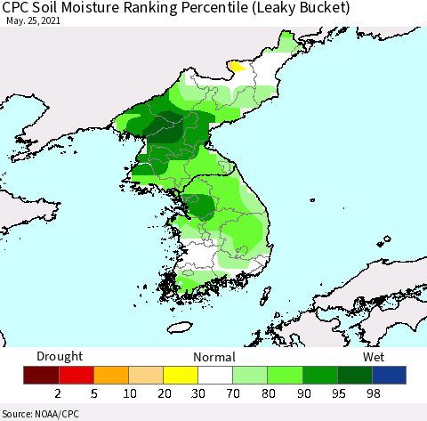 Korea CPC Soil Moisture Ranking Percentile (Leaky Bucket) Thematic Map For 5/21/2021 - 5/25/2021