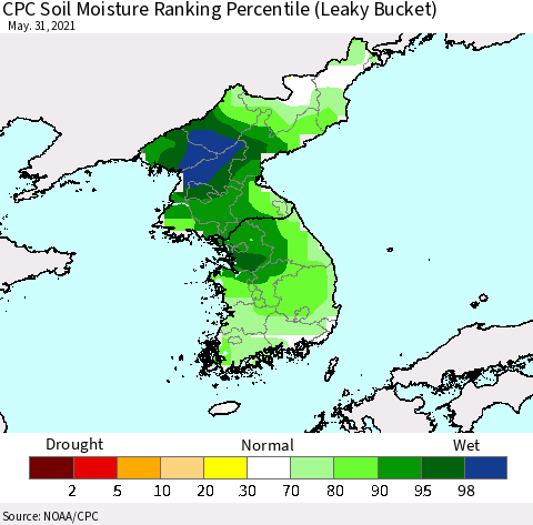 Korea CPC Calculated Soil Moisture Ranking Percentile Thematic Map For 5/26/2021 - 5/31/2021