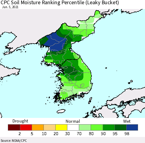 Korea CPC Calculated Soil Moisture Ranking Percentile Thematic Map For 6/1/2021 - 6/5/2021