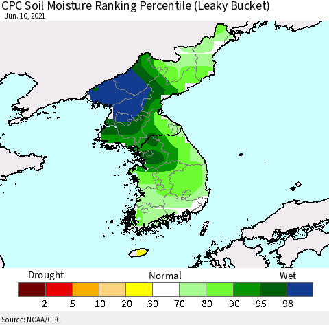 Korea CPC Calculated Soil Moisture Ranking Percentile Thematic Map For 6/6/2021 - 6/10/2021