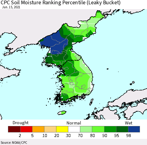 Korea CPC Soil Moisture Ranking Percentile (Leaky Bucket) Thematic Map For 6/11/2021 - 6/15/2021