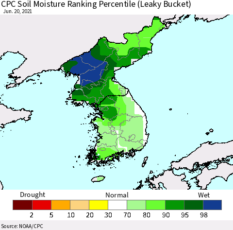 Korea CPC Soil Moisture Ranking Percentile (Leaky Bucket) Thematic Map For 6/16/2021 - 6/20/2021