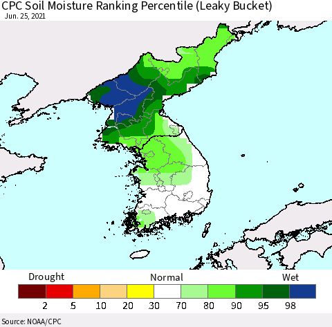 Korea CPC Soil Moisture Ranking Percentile (Leaky Bucket) Thematic Map For 6/21/2021 - 6/25/2021
