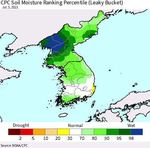 Korea CPC Soil Moisture Ranking Percentile (Leaky Bucket) Thematic Map For 7/1/2021 - 7/5/2021