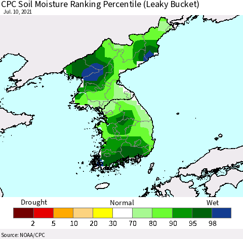 Korea CPC Soil Moisture Ranking Percentile (Leaky Bucket) Thematic Map For 7/6/2021 - 7/10/2021