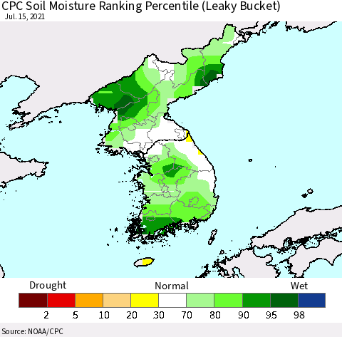 Korea CPC Calculated Soil Moisture Ranking Percentile Thematic Map For 7/11/2021 - 7/15/2021