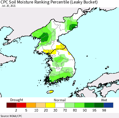 Korea CPC Calculated Soil Moisture Ranking Percentile Thematic Map For 7/16/2021 - 7/20/2021