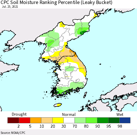 Korea CPC Calculated Soil Moisture Ranking Percentile Thematic Map For 7/21/2021 - 7/25/2021