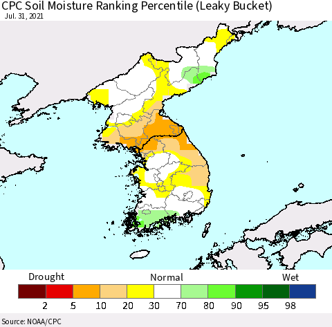 Korea CPC Soil Moisture Ranking Percentile (Leaky Bucket) Thematic Map For 7/26/2021 - 7/31/2021