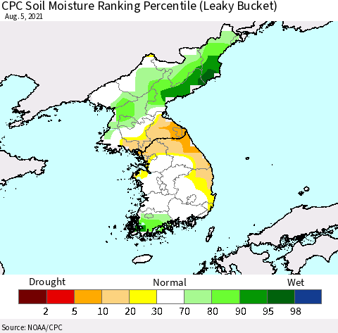 Korea CPC Soil Moisture Ranking Percentile (Leaky Bucket) Thematic Map For 8/1/2021 - 8/5/2021