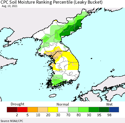 Korea CPC Soil Moisture Ranking Percentile (Leaky Bucket) Thematic Map For 8/6/2021 - 8/10/2021