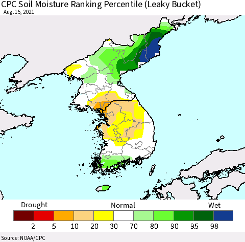 Korea CPC Soil Moisture Ranking Percentile (Leaky Bucket) Thematic Map For 8/11/2021 - 8/15/2021