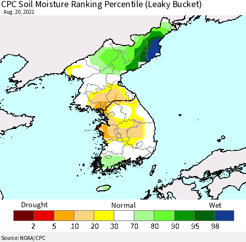 Korea CPC Soil Moisture Ranking Percentile (Leaky Bucket) Thematic Map For 8/16/2021 - 8/20/2021