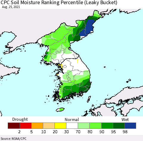 Korea CPC Soil Moisture Ranking Percentile (Leaky Bucket) Thematic Map For 8/21/2021 - 8/25/2021