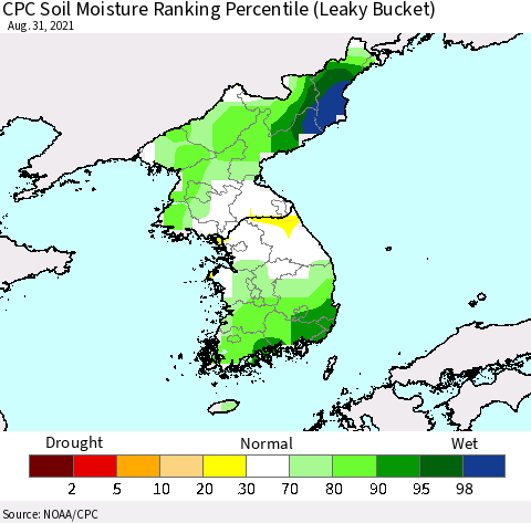 Korea CPC Calculated Soil Moisture Ranking Percentile Thematic Map For 8/26/2021 - 8/31/2021