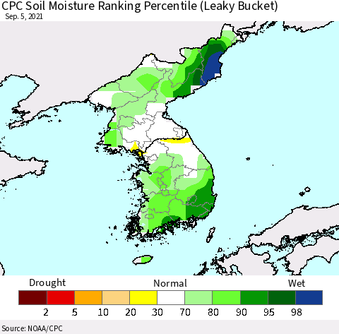 Korea CPC Calculated Soil Moisture Ranking Percentile Thematic Map For 9/1/2021 - 9/5/2021
