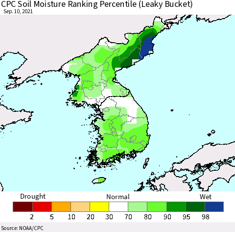 Korea CPC Soil Moisture Ranking Percentile (Leaky Bucket) Thematic Map For 9/6/2021 - 9/10/2021