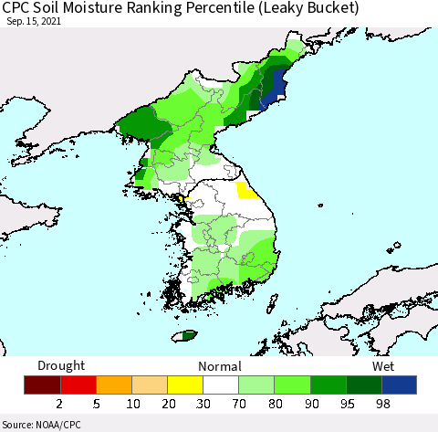Korea CPC Soil Moisture Ranking Percentile (Leaky Bucket) Thematic Map For 9/11/2021 - 9/15/2021
