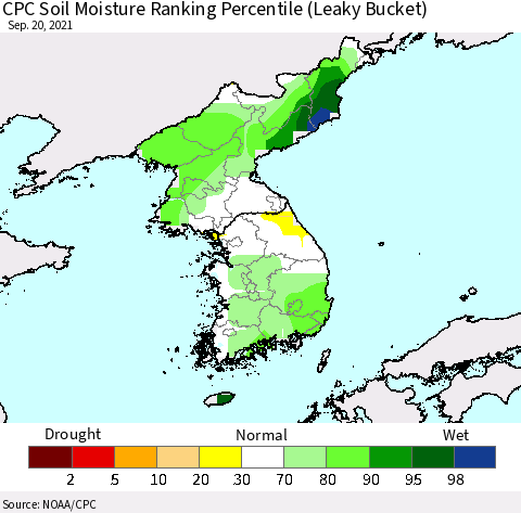 Korea CPC Calculated Soil Moisture Ranking Percentile Thematic Map For 9/16/2021 - 9/20/2021