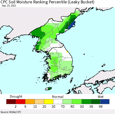 Korea CPC Calculated Soil Moisture Ranking Percentile Thematic Map For 9/21/2021 - 9/25/2021