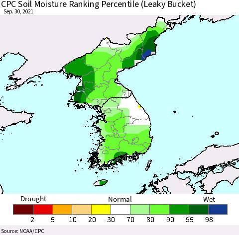 Korea CPC Calculated Soil Moisture Ranking Percentile Thematic Map For 9/26/2021 - 9/30/2021