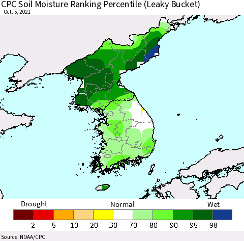 Korea CPC Calculated Soil Moisture Ranking Percentile Thematic Map For 10/1/2021 - 10/5/2021