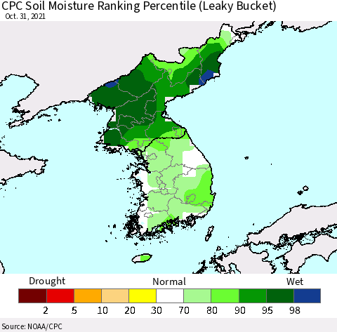 Korea CPC Soil Moisture Ranking Percentile (Leaky Bucket) Thematic Map For 10/26/2021 - 10/31/2021
