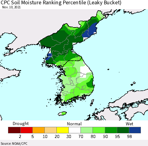 Korea CPC Soil Moisture Ranking Percentile (Leaky Bucket) Thematic Map For 11/6/2021 - 11/10/2021