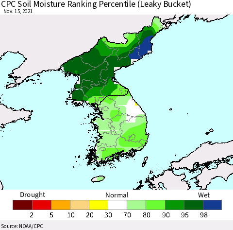 Korea CPC Soil Moisture Ranking Percentile (Leaky Bucket) Thematic Map For 11/11/2021 - 11/15/2021