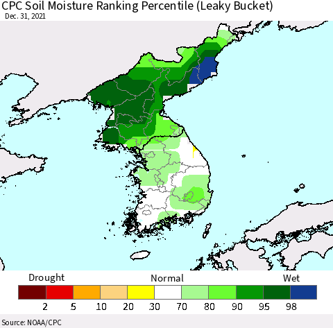 Korea CPC Soil Moisture Ranking Percentile (Leaky Bucket) Thematic Map For 12/26/2021 - 12/31/2021