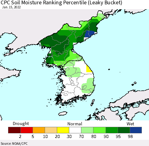 Korea CPC Soil Moisture Ranking Percentile (Leaky Bucket) Thematic Map For 1/11/2022 - 1/15/2022