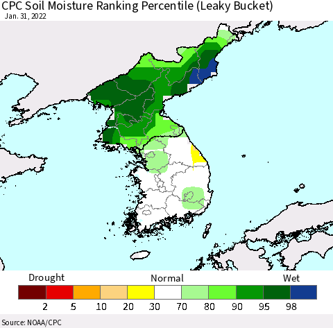 Korea CPC Calculated Soil Moisture Ranking Percentile Thematic Map For 1/26/2022 - 1/31/2022