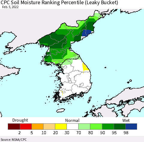 Korea CPC Calculated Soil Moisture Ranking Percentile Thematic Map For 2/1/2022 - 2/5/2022