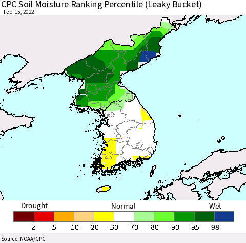 Korea CPC Soil Moisture Ranking Percentile (Leaky Bucket) Thematic Map For 2/11/2022 - 2/15/2022
